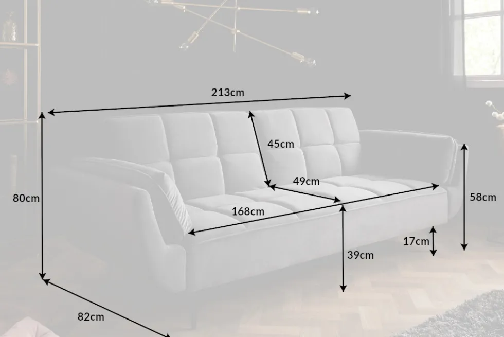 Retro Schlafsofa BOUTIQUE 215cm grau Samt 3-Sitzer mit schwarzen Füßen