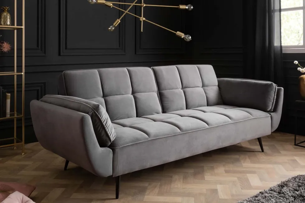 Retro Schlafsofa BOUTIQUE 215cm grau Samt 3-Sitzer mit schwarzen Füßen