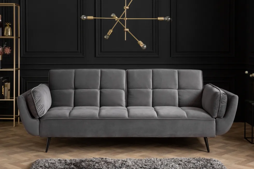 Retro Schlafsofa BOUTIQUE 215cm grau Samt 3-Sitzer mit schwarzen Füßen