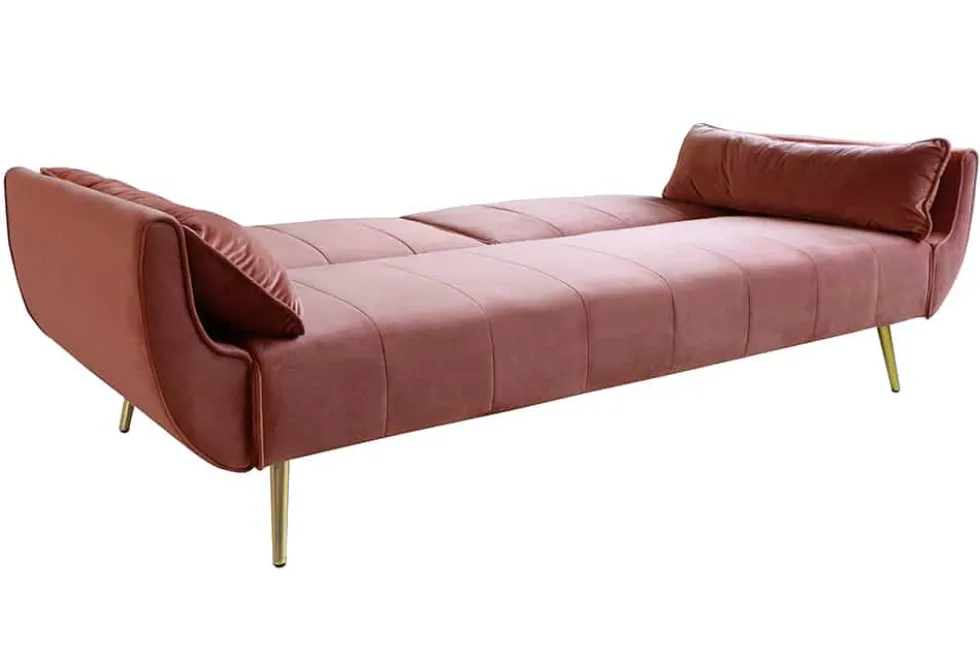 Retro Schlafsofa DIVANI 220cm altrosa Samt goldene Metallfüße 3-Sitzer mit Bettfunktion