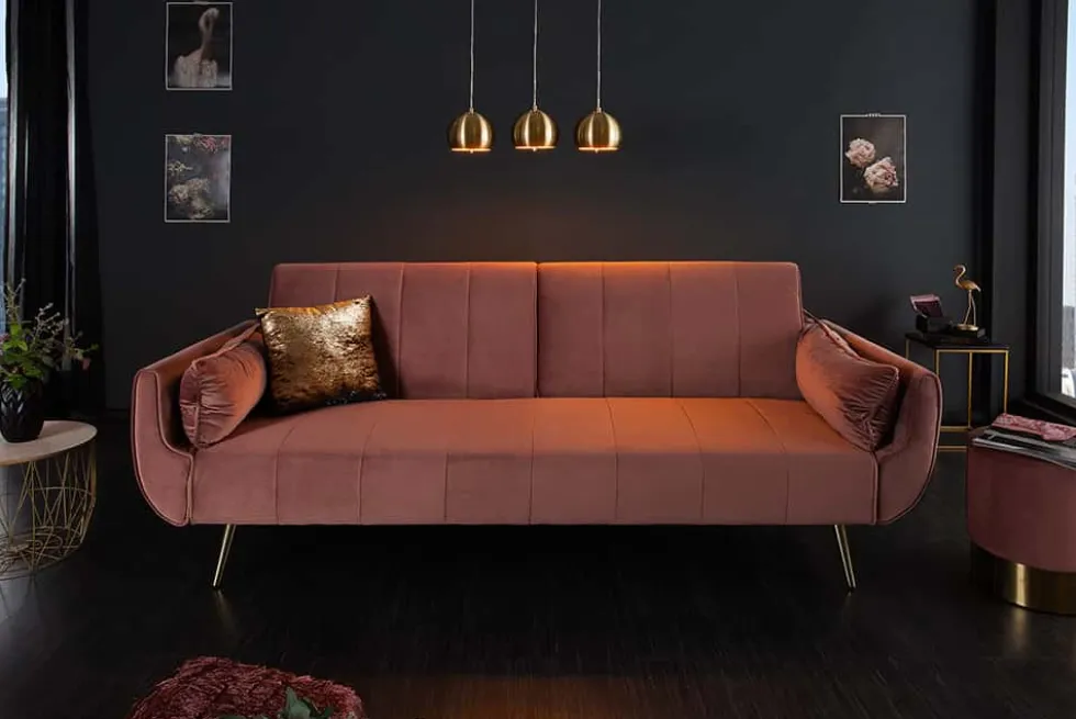 Retro Schlafsofa DIVANI 220cm altrosa Samt goldene Metallfüße 3-Sitzer mit Bettfunktion