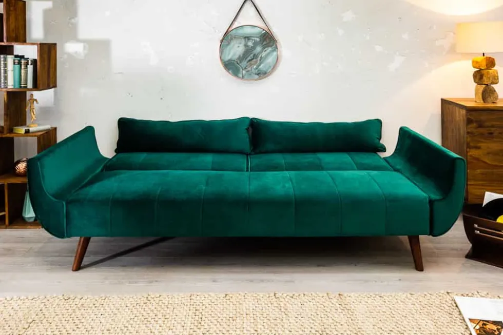 Retro Schlafsofa DIVANI 220cm smaragdgrün Samt 3-Sitzer mit Bettfunktion