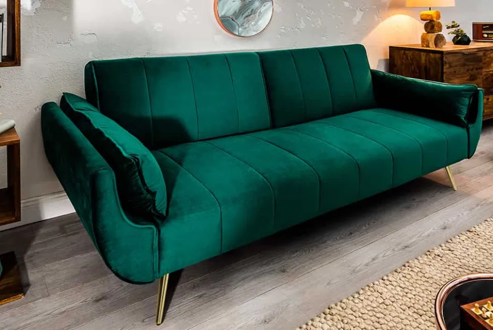 Retro Schlafsofa DIVANI 220cm smaragdgrün Samt goldene Metallfüße 3-Sitzer mit Bettfunktion