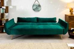 Retro Schlafsofa DIVANI 220cm smaragdgrün Samt goldene Metallfüße 3-Sitzer mit Bettfunktion
