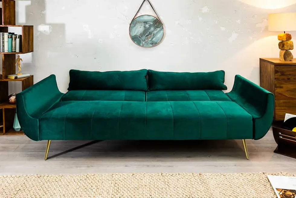 Retro Schlafsofa DIVANI 220cm smaragdgrün Samt goldene Metallfüße 3-Sitzer mit Bettfunktion