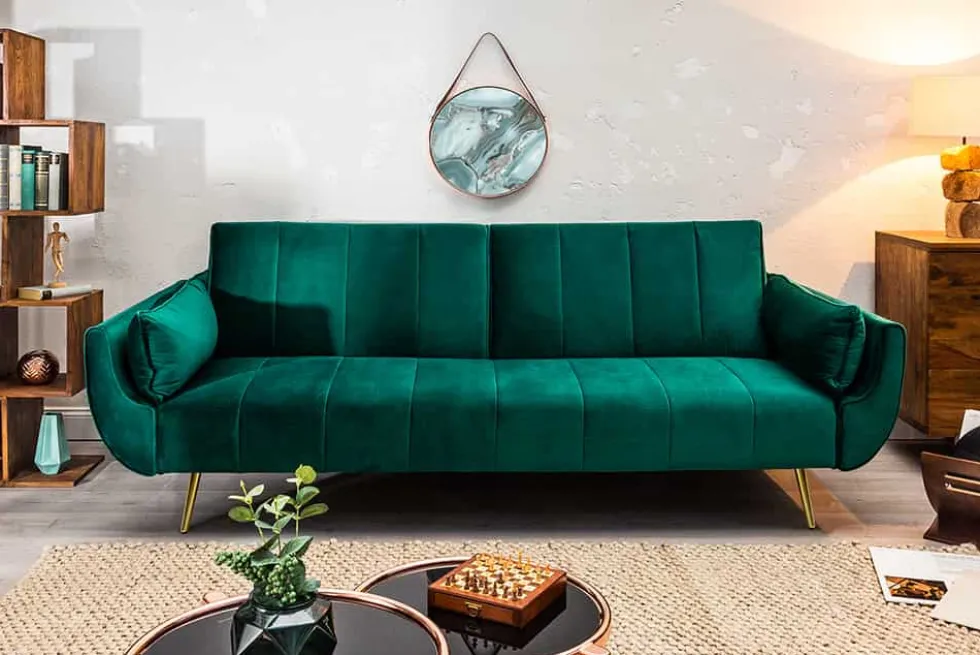 Retro Schlafsofa DIVANI 220cm smaragdgrün Samt goldene Metallfüße 3-Sitzer mit Bettfunktion