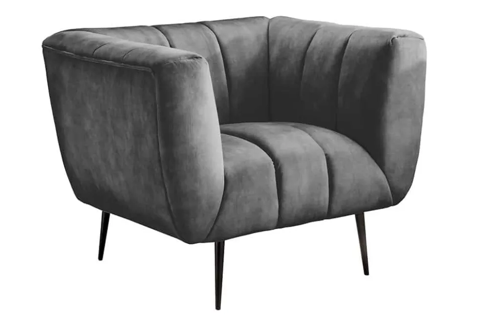 Retro Sessel NOBLESSE 105cm grau Samt schwarze Metallfüße Federkern Ziersteppung