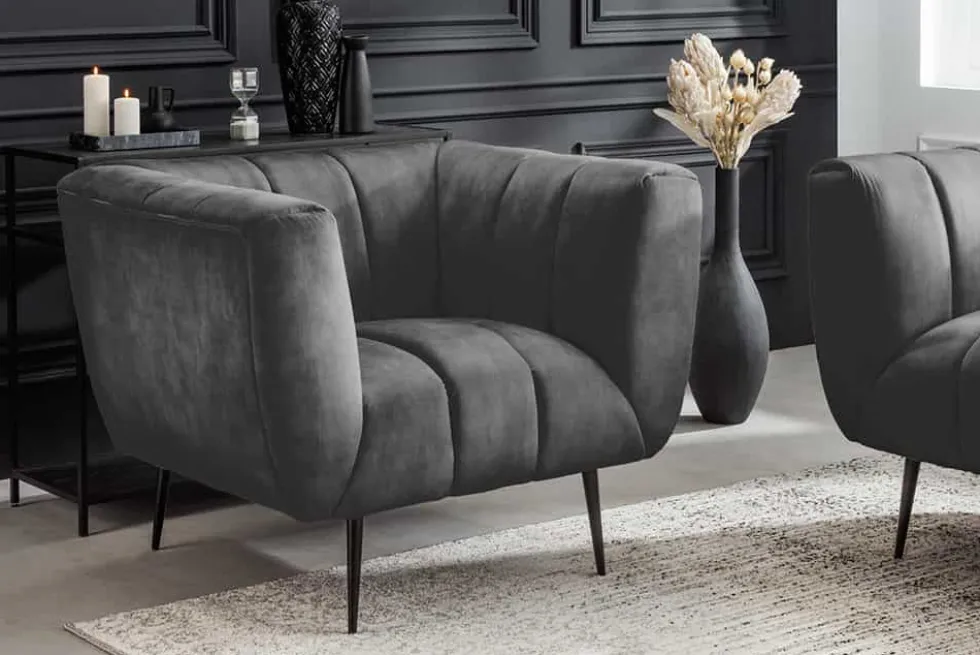 Retro Sessel NOBLESSE 105cm grau Samt schwarze Metallfüße Federkern Ziersteppung