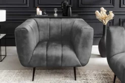 Retro Sessel NOBLESSE 105cm grau Samt schwarze Metallfüße Federkern Ziersteppung
