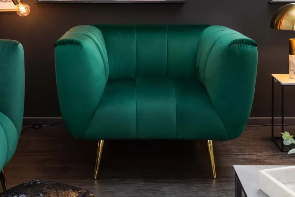 Retro Sessel NOBLESSE 105cm smaragdgrün Samt mit Ziersteppung