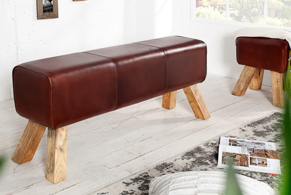 Retro Sitzbank TURNBOCK 120cm mit Echtleder Bezug Mangoholz Bank