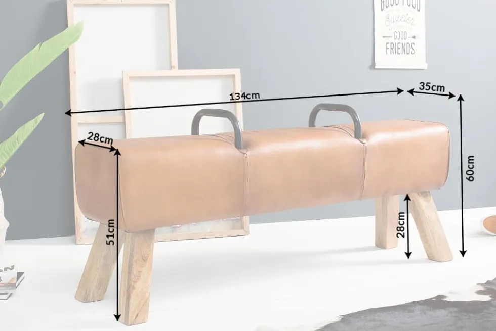 Retro Sitzbank TURNBOCK 134cm mit Echtleder Bezug Mangoholz Bank