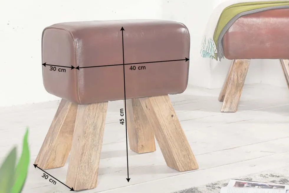 Retro Sitzhocker TURNBOCK 40cm mit Echtleder Bezug Mangoholz Hocker