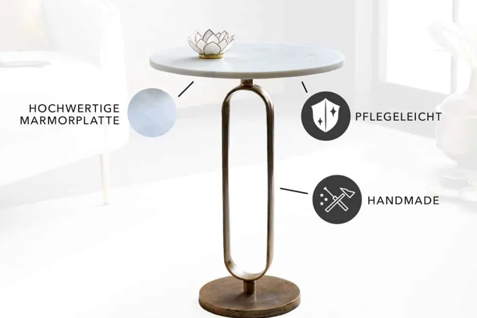 Runder Beistelltisch ELEGANCE 60cm weiß gold antik Marmor Metall Aluminium handmade