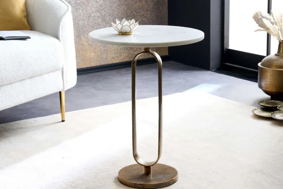 Runder Beistelltisch ELEGANCE 60cm weiß gold antik Marmor Metall Aluminium handmade