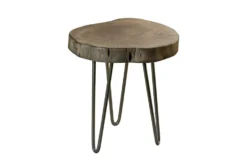 Runder Beistelltisch GOA 45cm grau Akazie Massivholz Baumscheibe Hairpin Legs Metall
