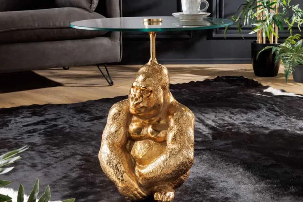 Runder Beistelltisch KONG 50cm gold Metall Glas Affenfigur Gorilla Skulptur