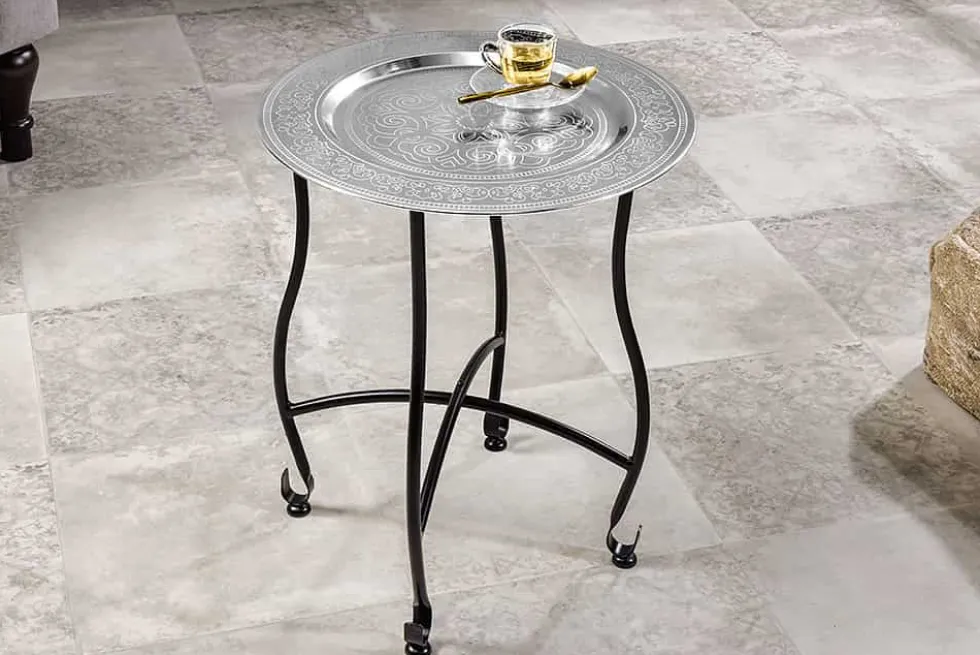 Runder Beistelltisch MARRAKESCH 50cm silber Teetisch abnehmbares Tablett klappbar