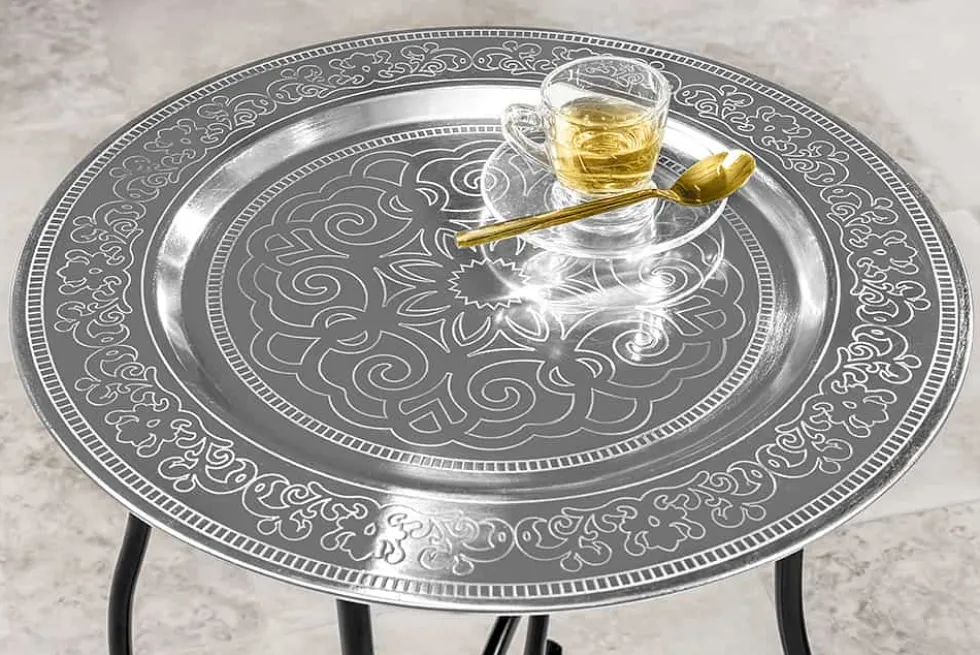 Runder Beistelltisch MARRAKESCH 50cm silber Teetisch abnehmbares Tablett klappbar