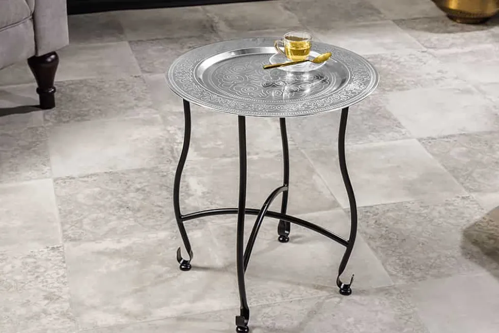 Runder Beistelltisch MARRAKESCH 50cm silber Teetisch abnehmbares Tablett klappbar