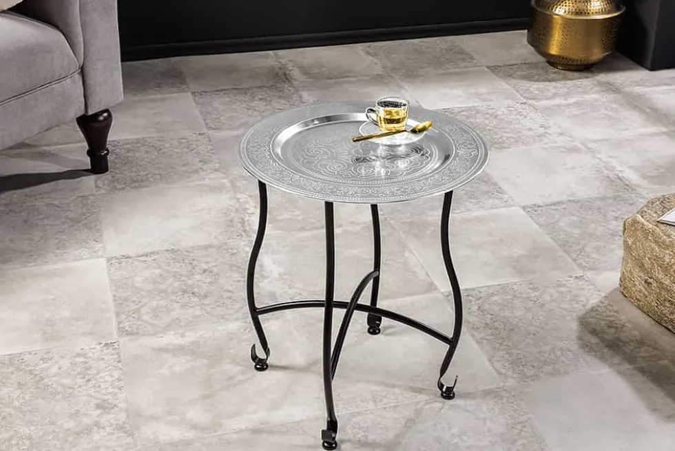 Runder Beistelltisch MARRAKESCH 50cm silber Teetisch abnehmbares Tablett klappbar