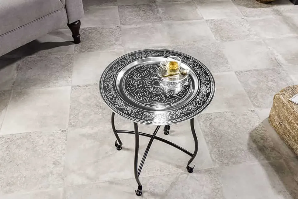 Runder Beistelltisch MARRAKESCH 50cm silber Teetisch abnehmbares Tablett klappbar