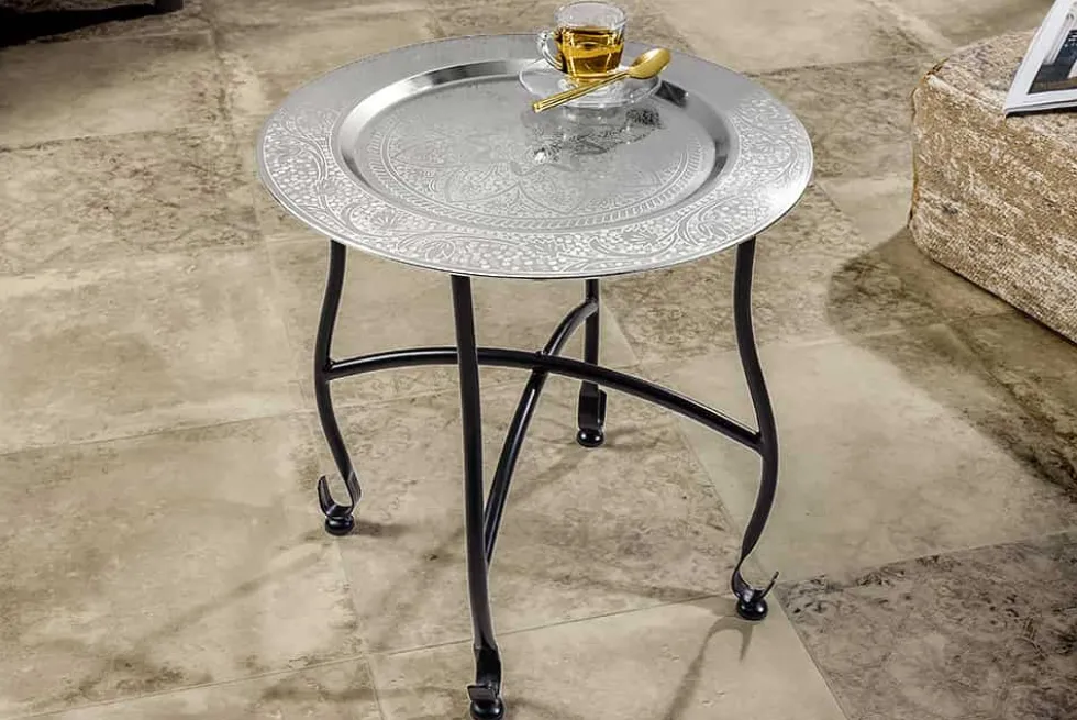 Runder Beistelltisch MARRAKESCH 40cm silber Teetisch abnehmbares Tablett klappbar