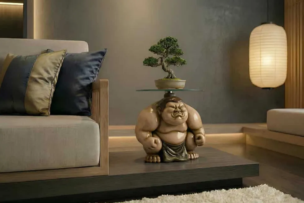 Runder Beistelltisch SUMO 30cm natur beige Skulptur handmade