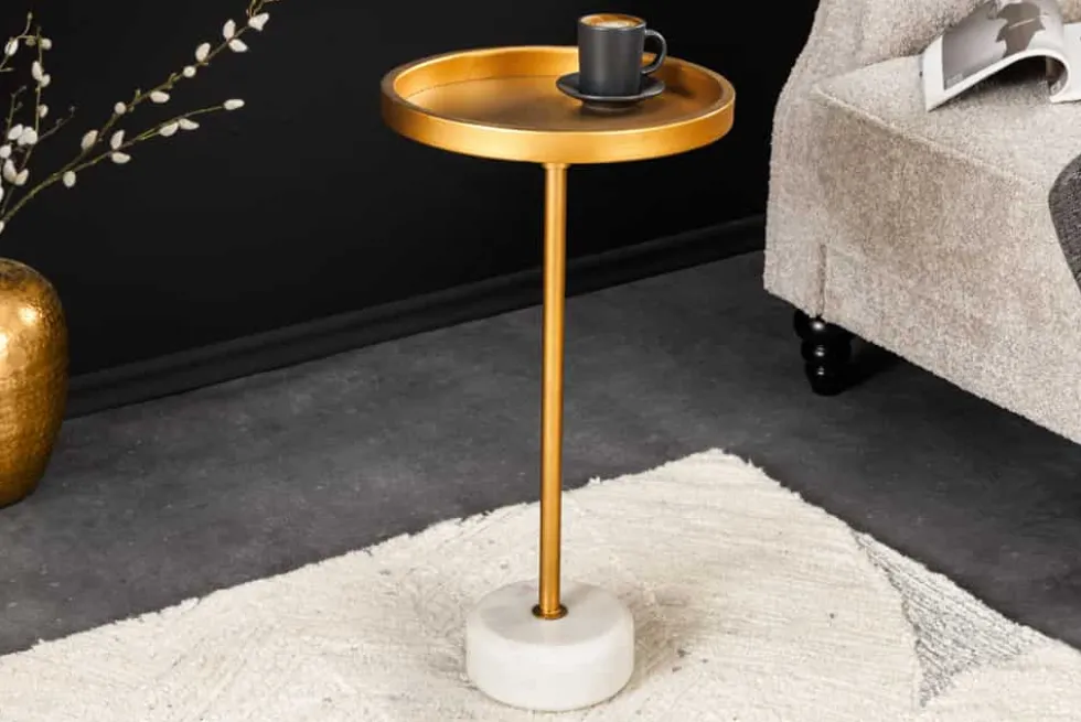 Runder Beistelltisch TRAYFUL 60cm gold Eisen weiß Marmorfuß handmade