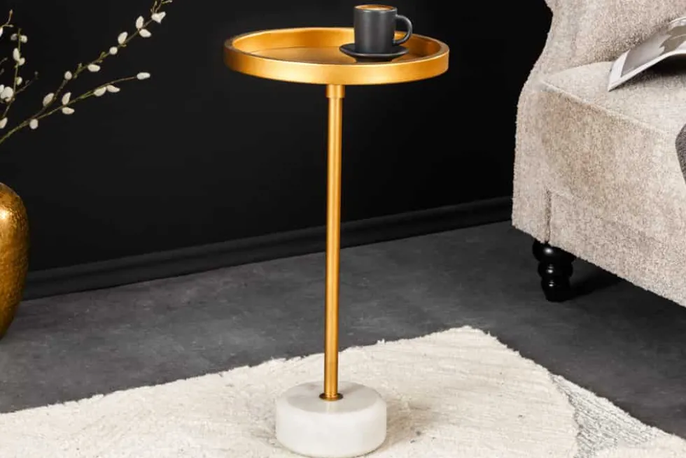 Runder Beistelltisch TRAYFUL 60cm gold Eisen weiß Marmorfuß handmade