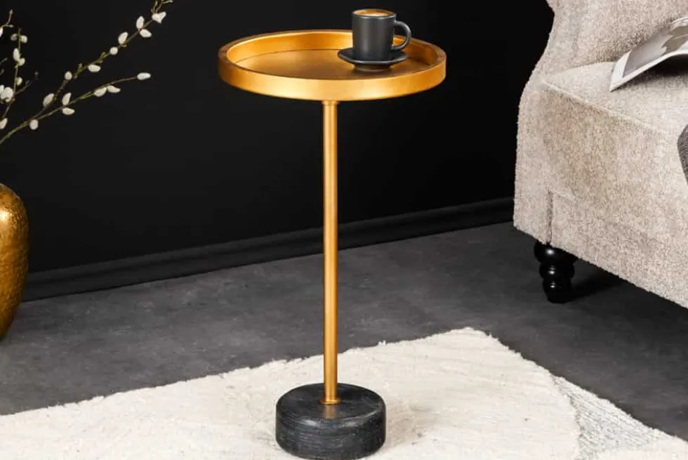 Runder Beistelltisch TRAYFUL 60cm gold Eisen schwarzer Marmorfuß handmade