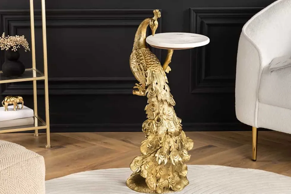 Runder Beistelltisch WILDLIFE PEACOCK 75cm gold antik weiß Metall Marmor Pfauen-Skulptur