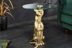 Runder Beistelltisch WILDLIFE PANTHER 60cm gold antik Metall Glas Skulptur handmade