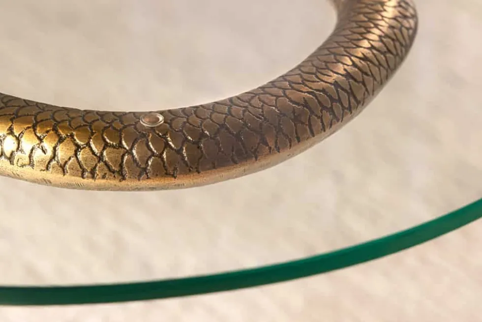 Runder Beistelltisch WILDLIFE SNAKE 65cm kupfer antik Metall Glas handmade