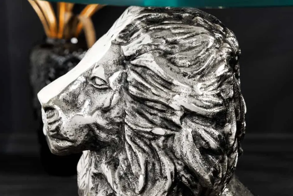Runder Beistelltisch WILDLIFE LION 60cm silber antik Metall Glas Löwen Skulptur