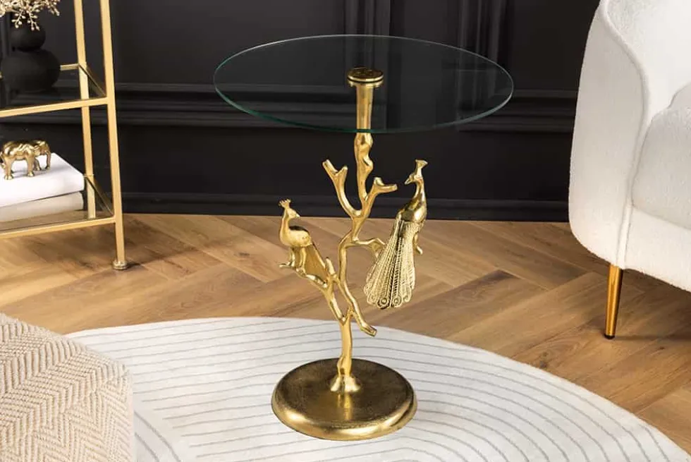 Runder Beistelltisch WILDLIFE PEACOCK 60cm gold Glasplatte Metall Pfauen-Skulptur