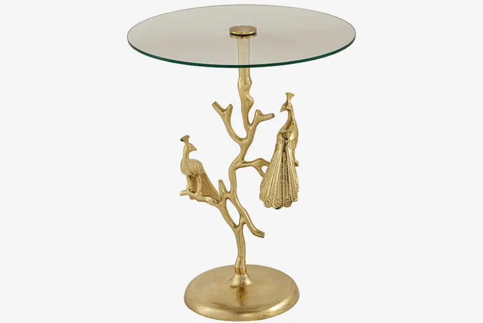 Runder Beistelltisch WILDLIFE PEACOCK 60cm gold Glasplatte Metall Pfauen-Skulptur