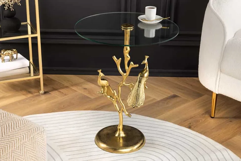Runder Beistelltisch WILDLIFE PEACOCK 60cm gold Glasplatte Metall Pfauen-Skulptur