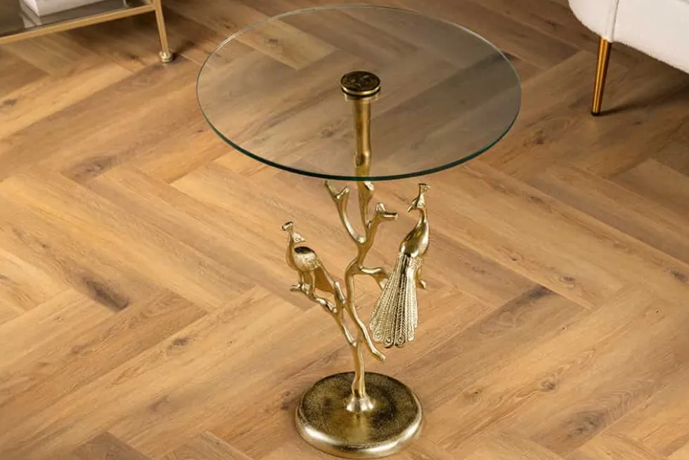 Runder Beistelltisch WILDLIFE PEACOCK 60cm gold Glasplatte Metall Pfauen-Skulptur