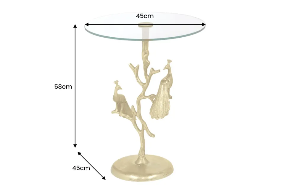 Runder Beistelltisch WILDLIFE PEACOCK 60cm gold Glasplatte Metall Pfauen-Skulptur