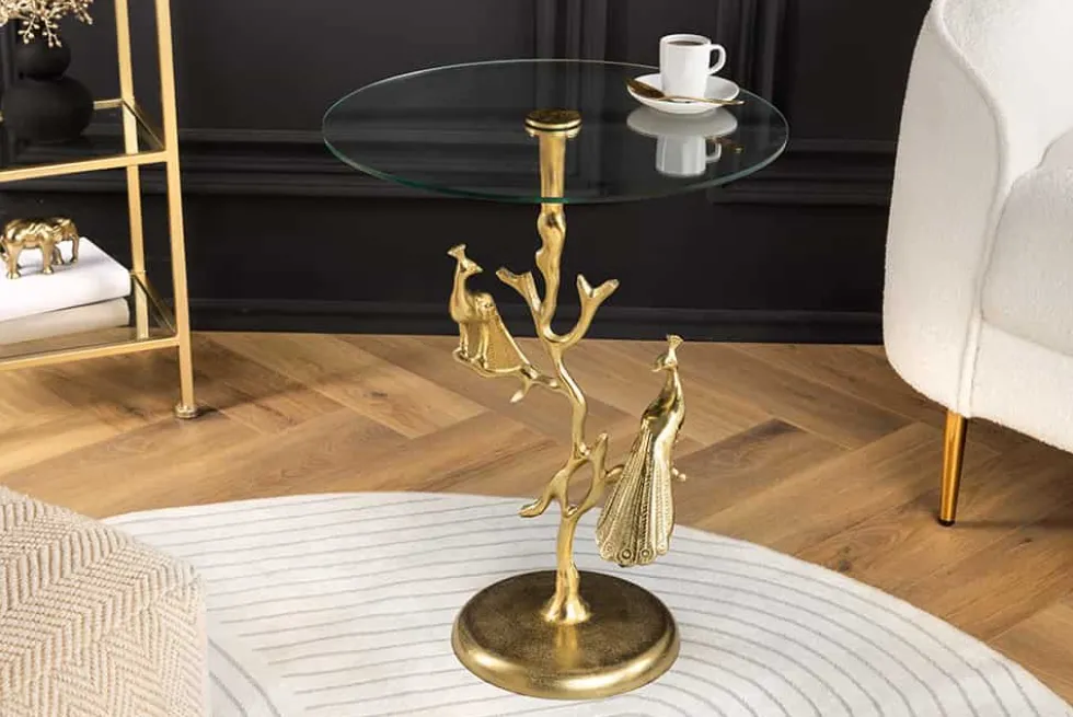 Runder Beistelltisch WILDLIFE PEACOCK 60cm gold Glasplatte Metall Pfauen-Skulptur