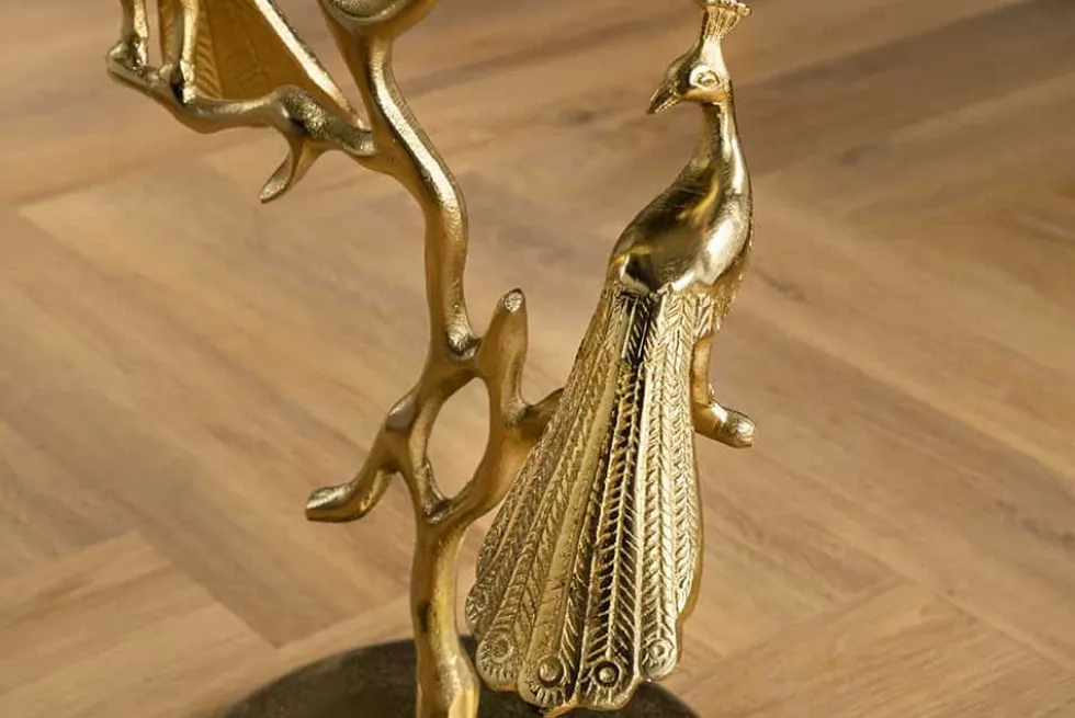 Runder Beistelltisch WILDLIFE PEACOCK 60cm gold Glasplatte Metall Pfauen-Skulptur