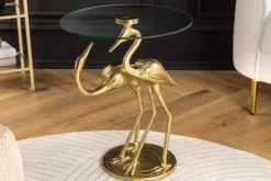 Runder Beistelltisch WILDLIFE CRANE 55cm gold Glas Kranich-Skulptur handmade