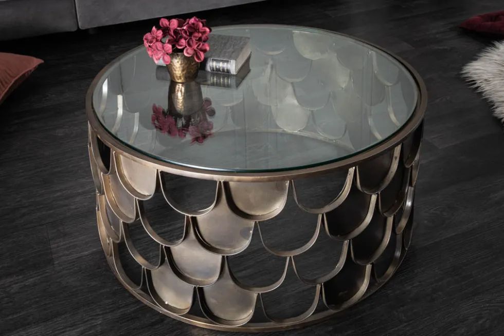 Runder Couchtisch ABSTRACT 60cm antik messing Metall Glas Industrial Fischschuppen Design