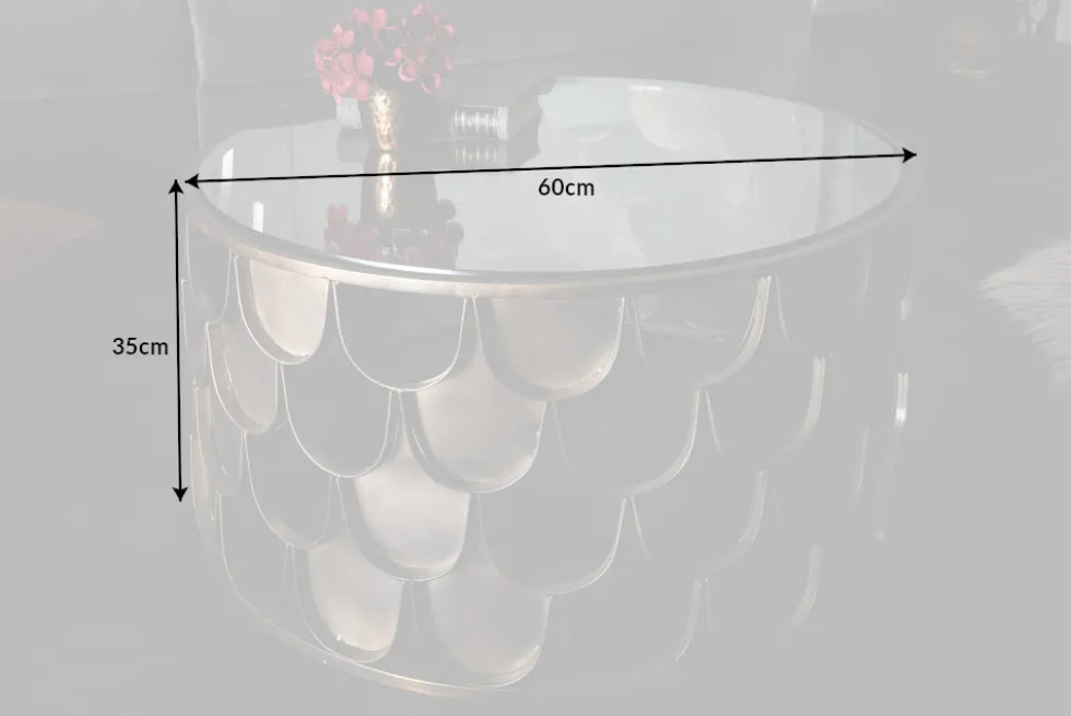 Runder Couchtisch ABSTRACT 60cm antik messing Metall Glas Industrial Fischschuppen Design