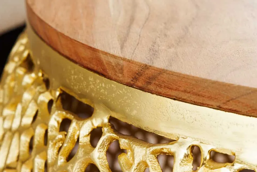 Runder Couchtisch ABSTRACT LEAF 75cm gold Metall massiv Akazienholz filigrane Handarbeit