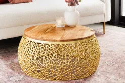Runder Couchtisch ABSTRACT LEAF 75cm gold Metall massiv Akazienholz filigrane Handarbeit