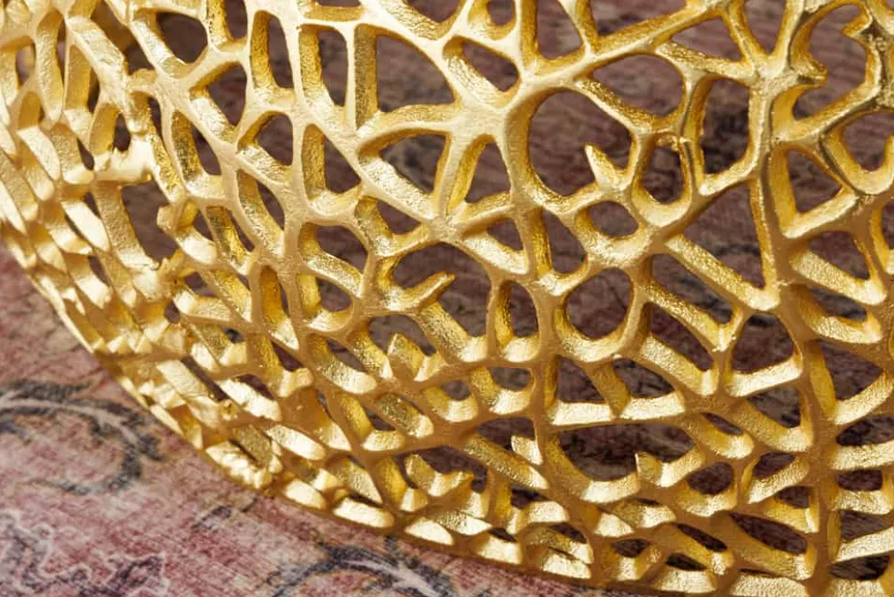 Runder Couchtisch ABSTRACT LEAF 75cm gold Metall massiv Akazienholz filigrane Handarbeit