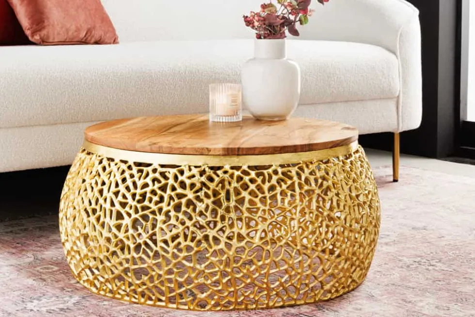 Runder Couchtisch ABSTRACT LEAF 75cm gold Metall massiv Akazienholz filigrane Handarbeit