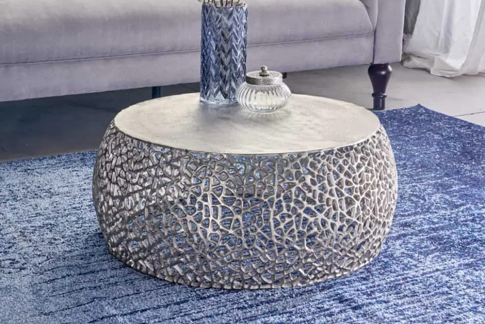 Runder Couchtisch ABSTRACT LEAF 75cm silber antik Metall filigrane Handarbeit